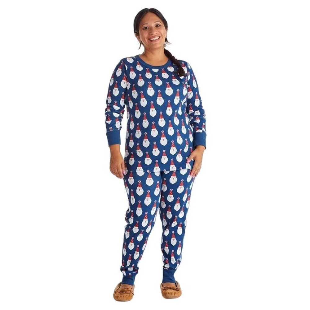The Company Store Womens Santa Pajama Set Navy Santa Print